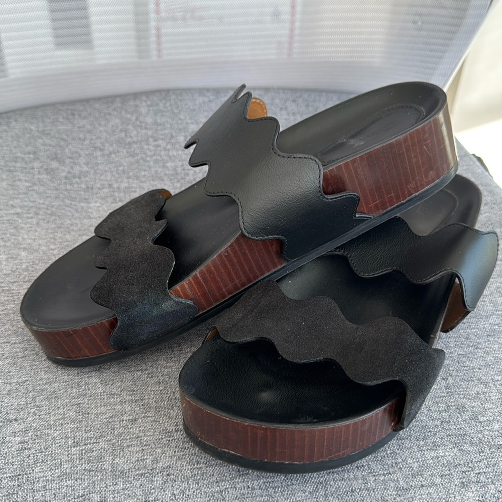 Chloe Black and Brown Scalloped Sandals